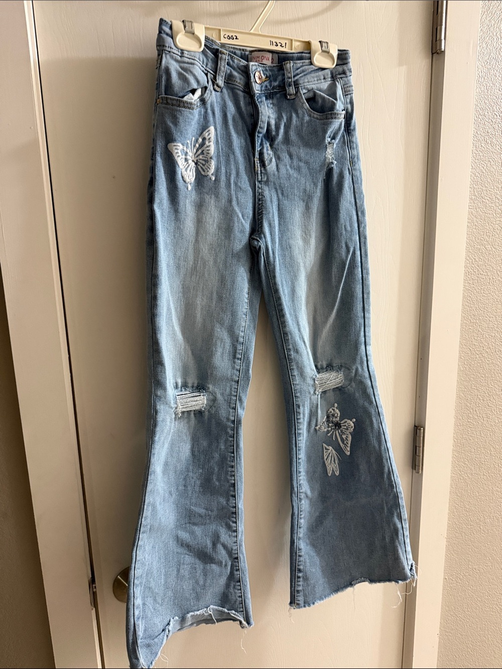Light Blue Flared Women's Jeans with Butterfly Embroidery